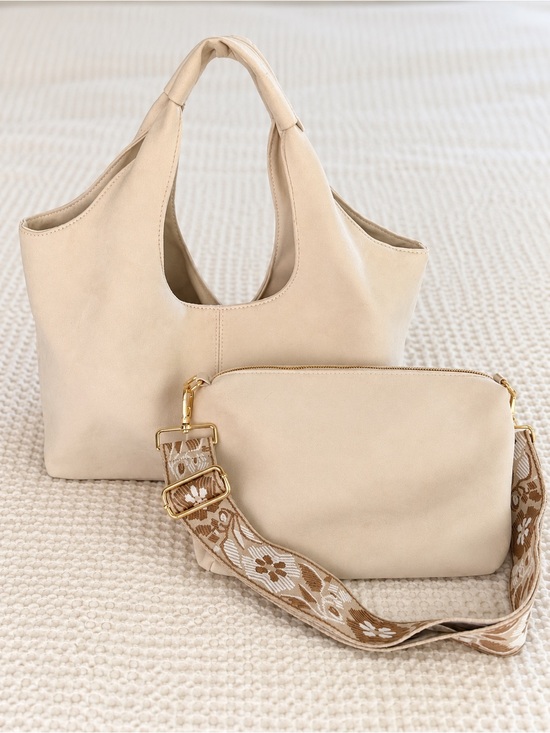 Ahdorned Handbags - AHDORNED 2-in-1 Vegan Suede Hobo w/ Pouch Crossbody Bag Cream